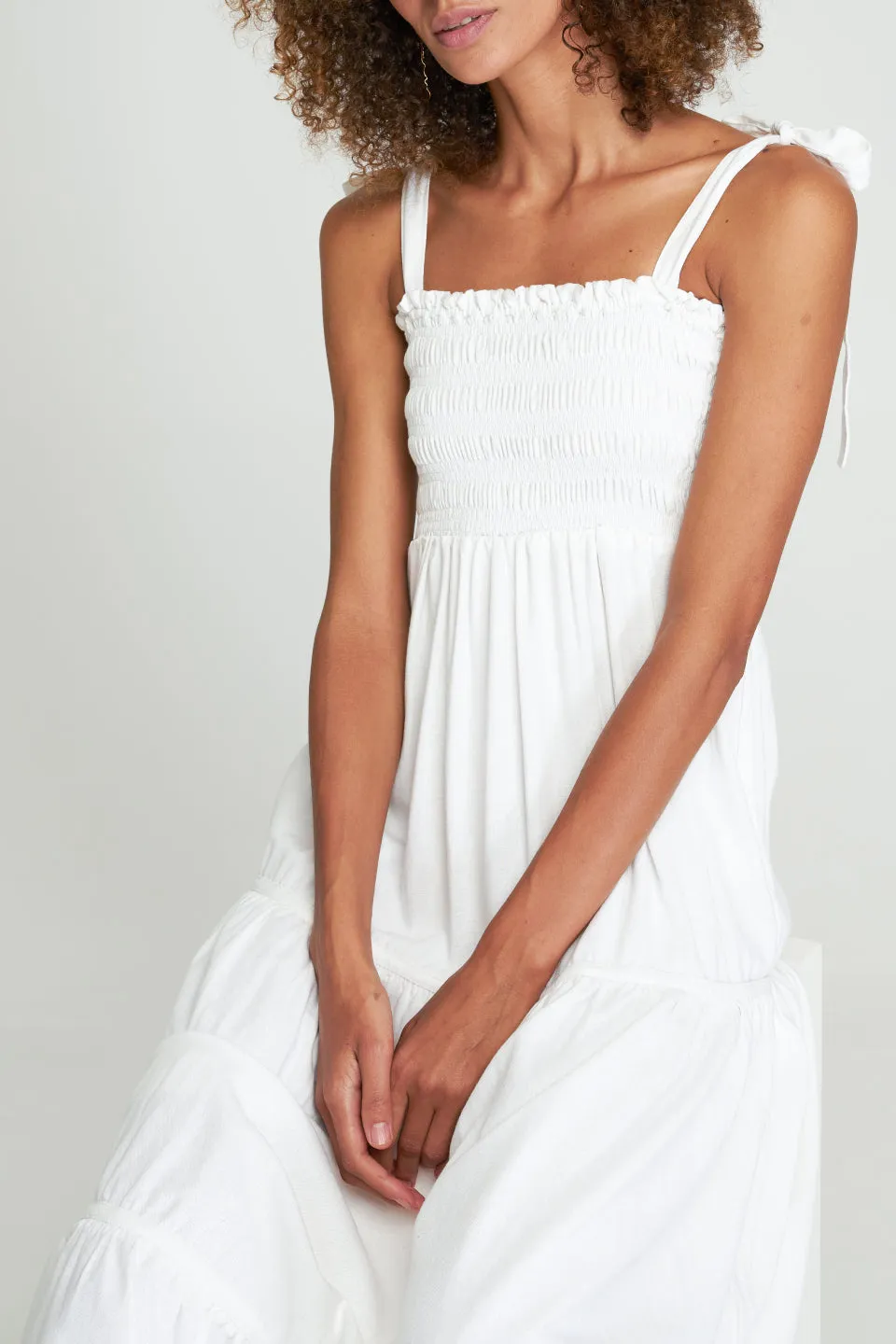 Norah White Shirred Tiered Maxi Dress