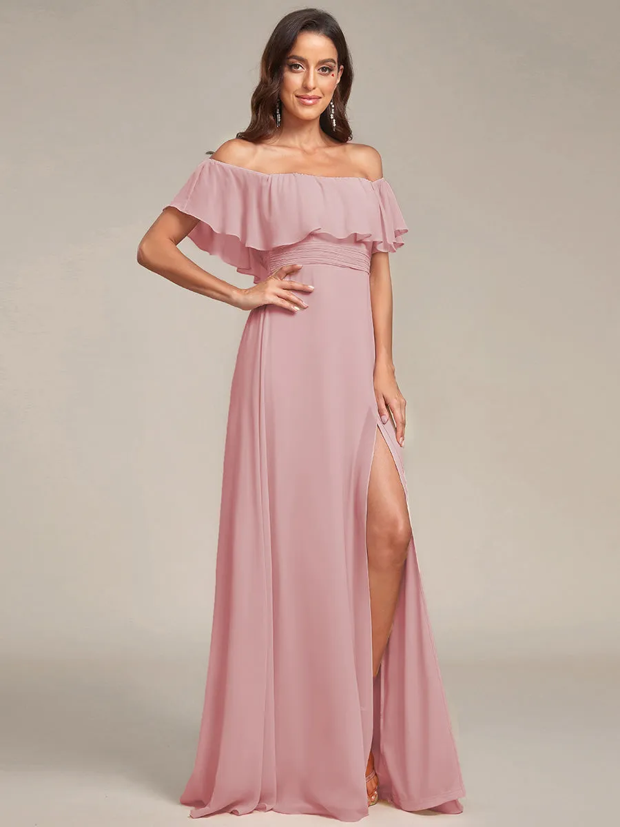 Off Shoulder Ruffle Thigh Split Wholesale Bridesmaid Dresses