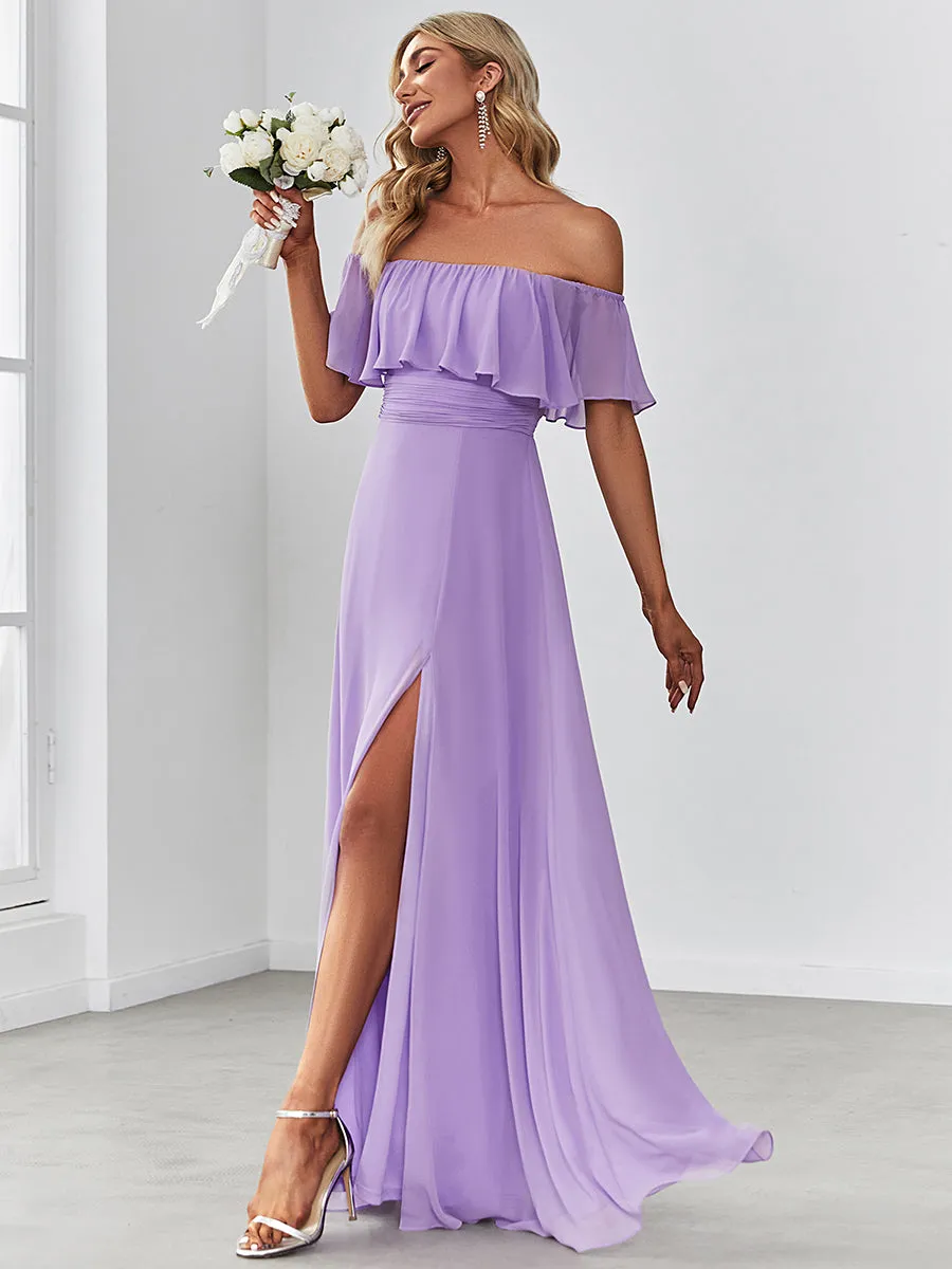 Off Shoulder Ruffle Thigh Split Wholesale Bridesmaid Dresses