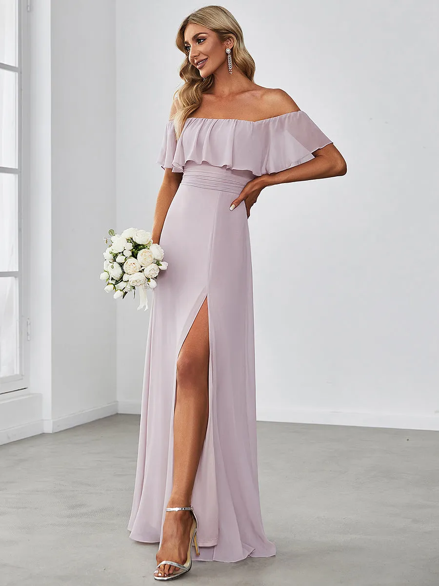 Off Shoulder Ruffle Thigh Split Wholesale Bridesmaid Dresses