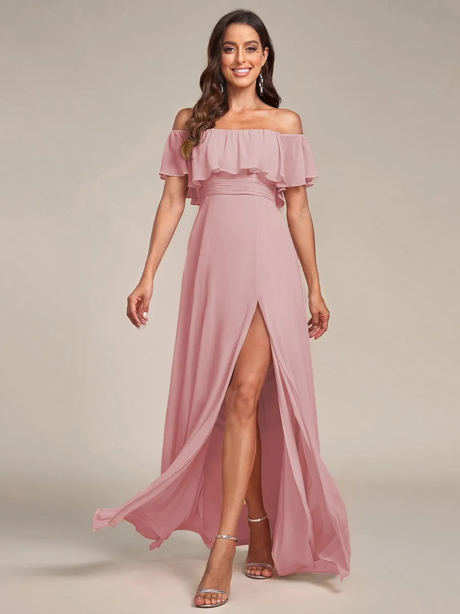 Off Shoulder Ruffle Thigh Split Wholesale Bridesmaid Dresses