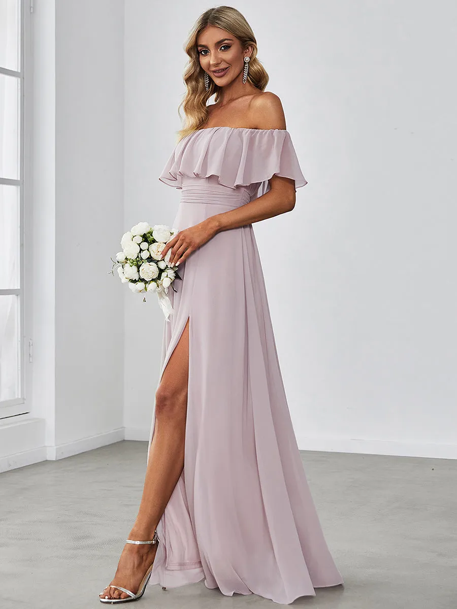 Off Shoulder Ruffle Thigh Split Wholesale Bridesmaid Dresses