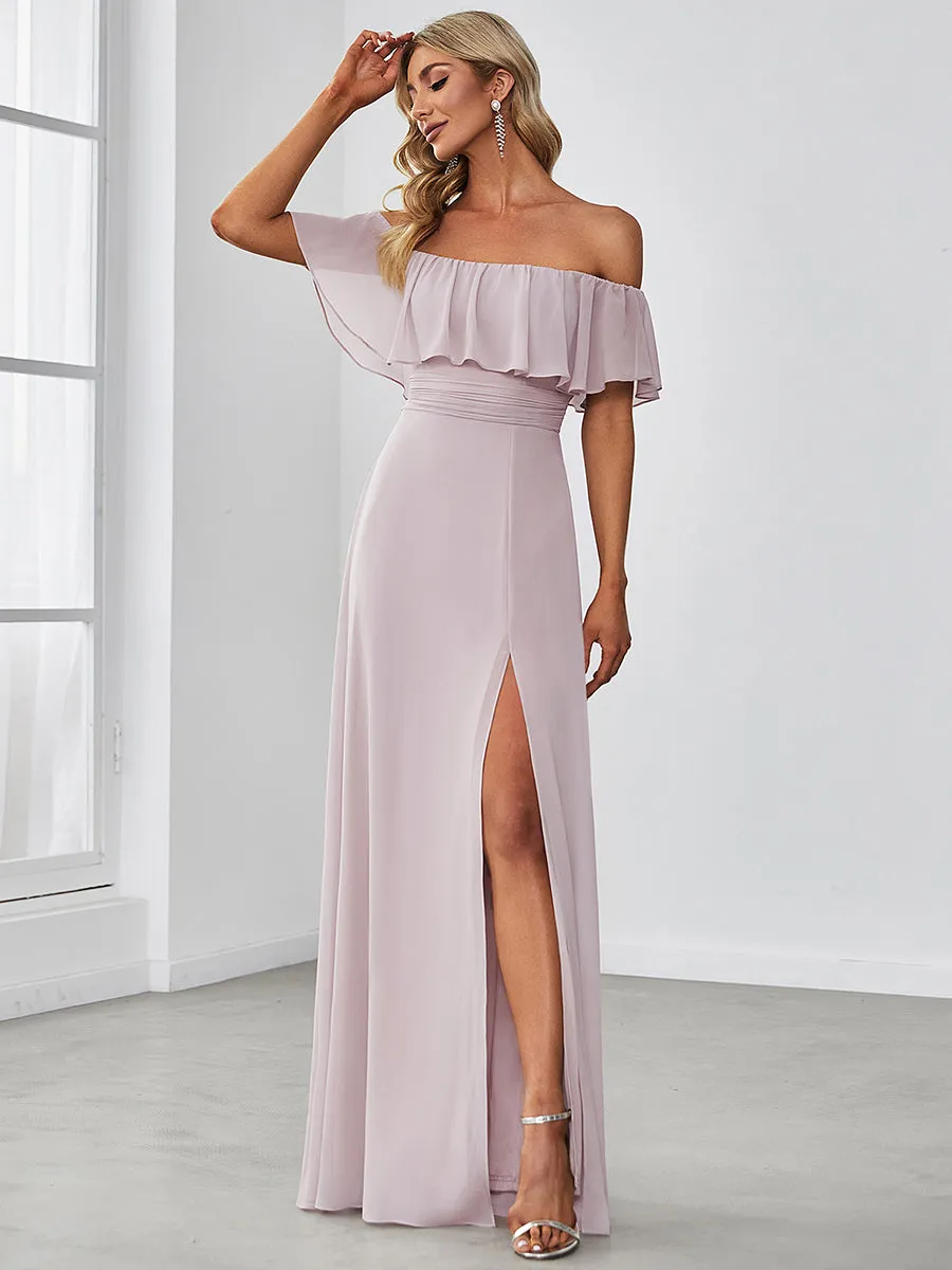 Off Shoulder Ruffle Thigh Split Wholesale Bridesmaid Dresses