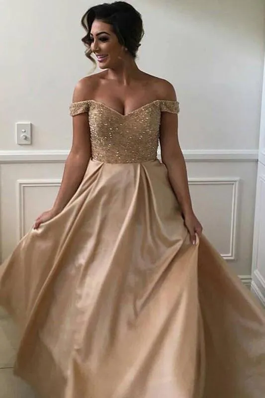 Off-the-Shoulder Sweetheart Long Pink A-Line Beads Open Back Bridesmaid Dresses