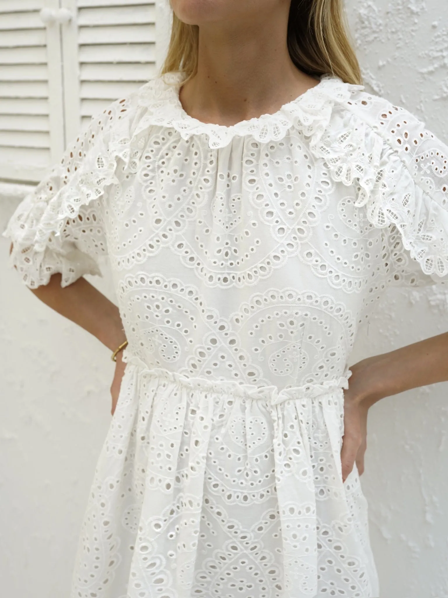 Olivia Cotton Cutwork Frill Day Dress | White