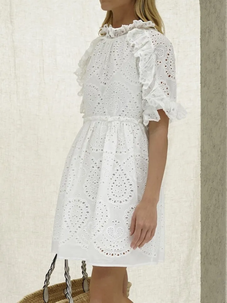 Olivia Cotton Cutwork Frill Day Dress | White