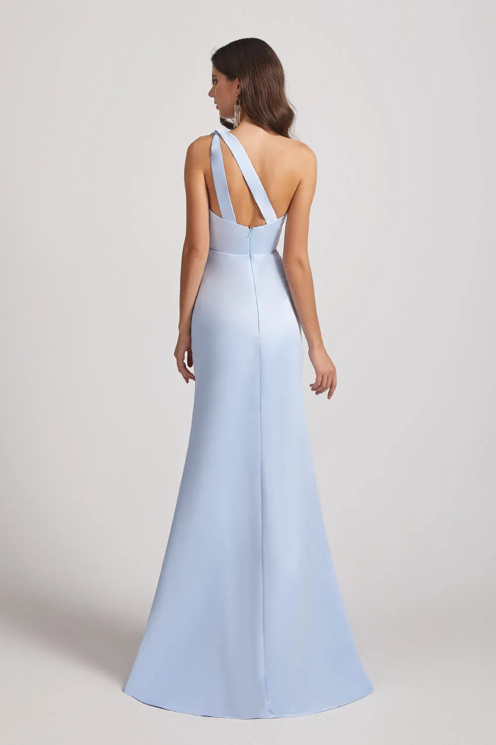 One Shoulder Satin Sheath Long Bridesmaid Dresses with Open Back (AF0166)