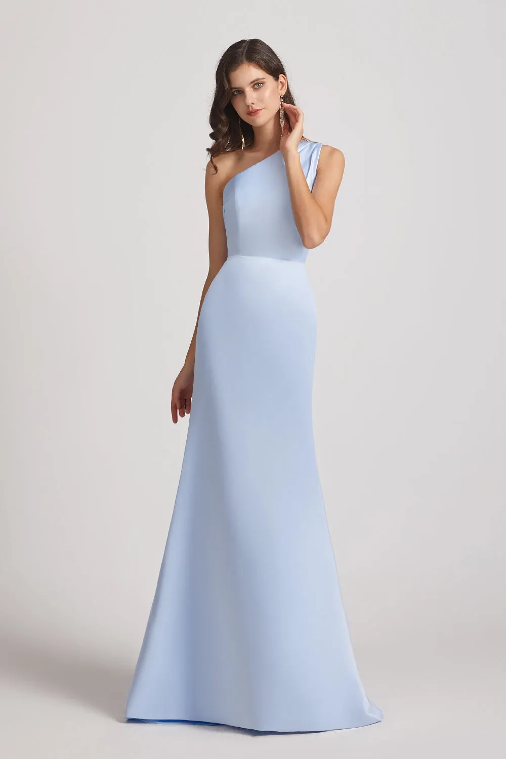 One Shoulder Satin Sheath Long Bridesmaid Dresses with Open Back (AF0166)