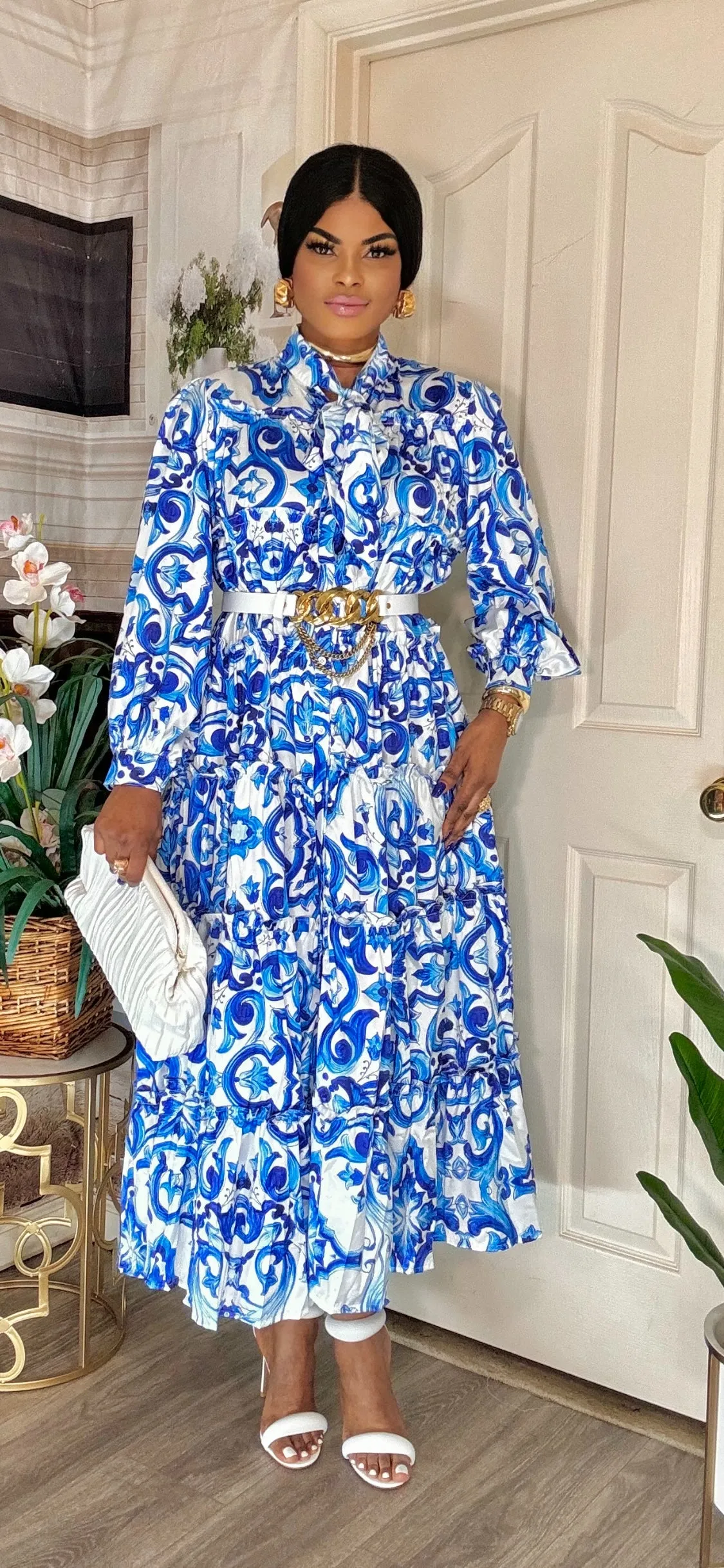 PASTLE PRINTS LONGSLEEVE MAXI DRESS(BLUE-WHITE)