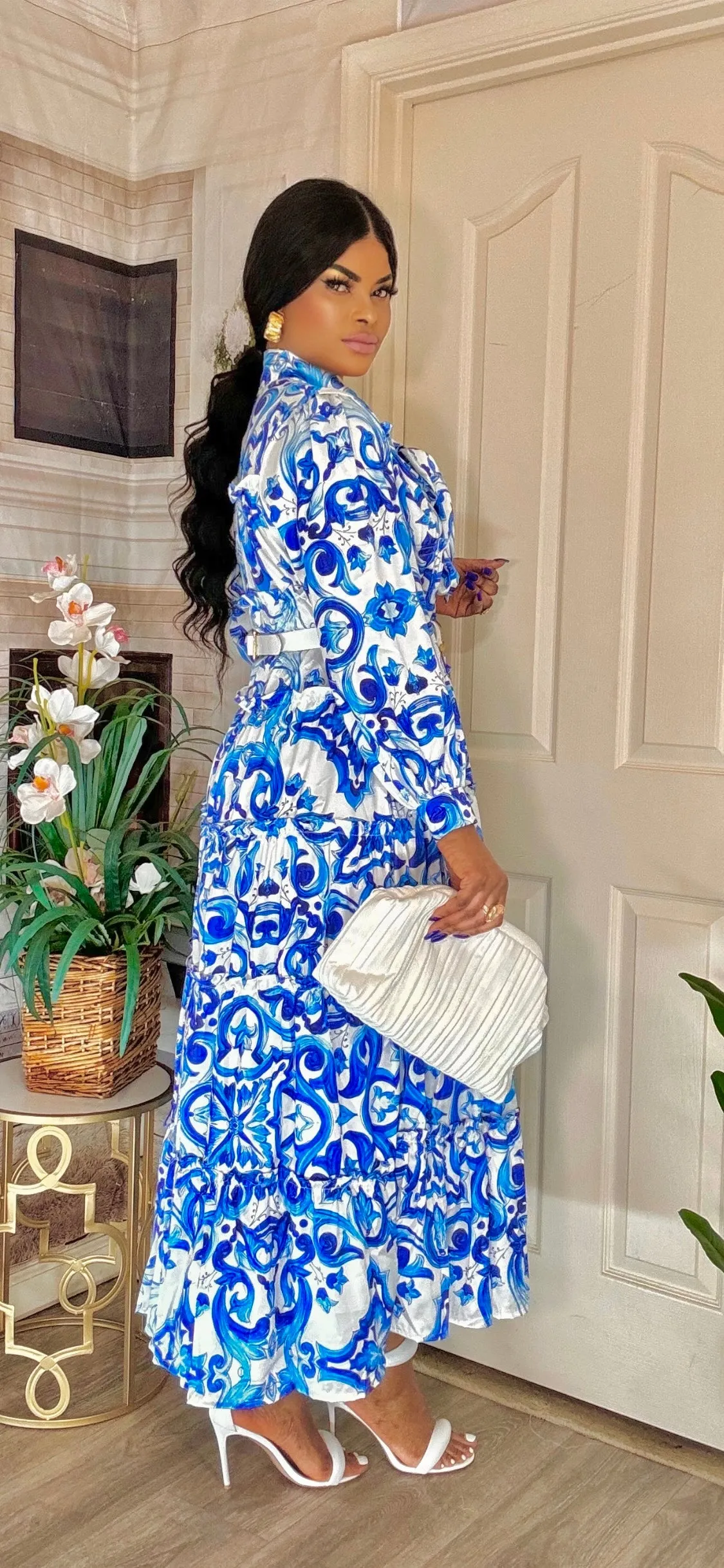 PASTLE PRINTS LONGSLEEVE MAXI DRESS(BLUE-WHITE)