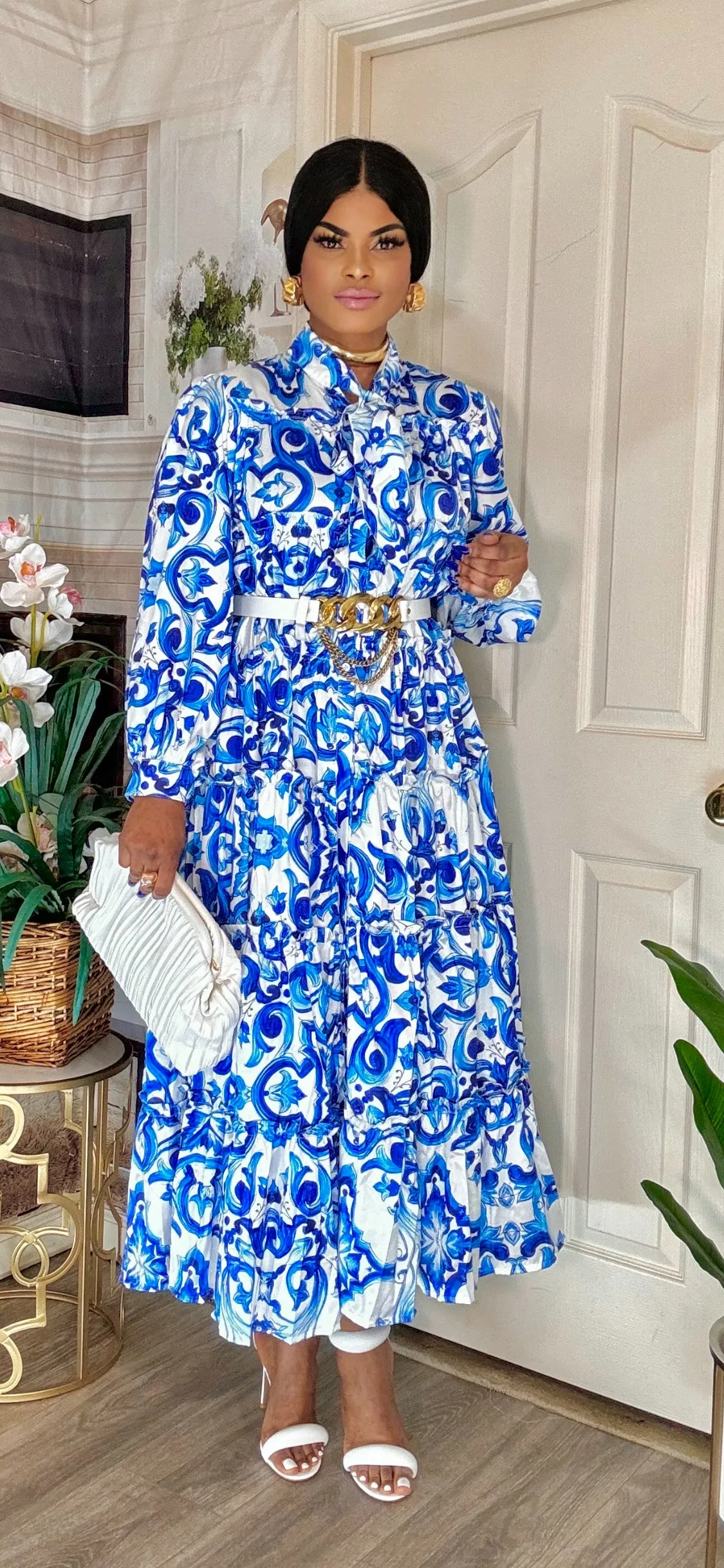 PASTLE PRINTS LONGSLEEVE MAXI DRESS(BLUE-WHITE)