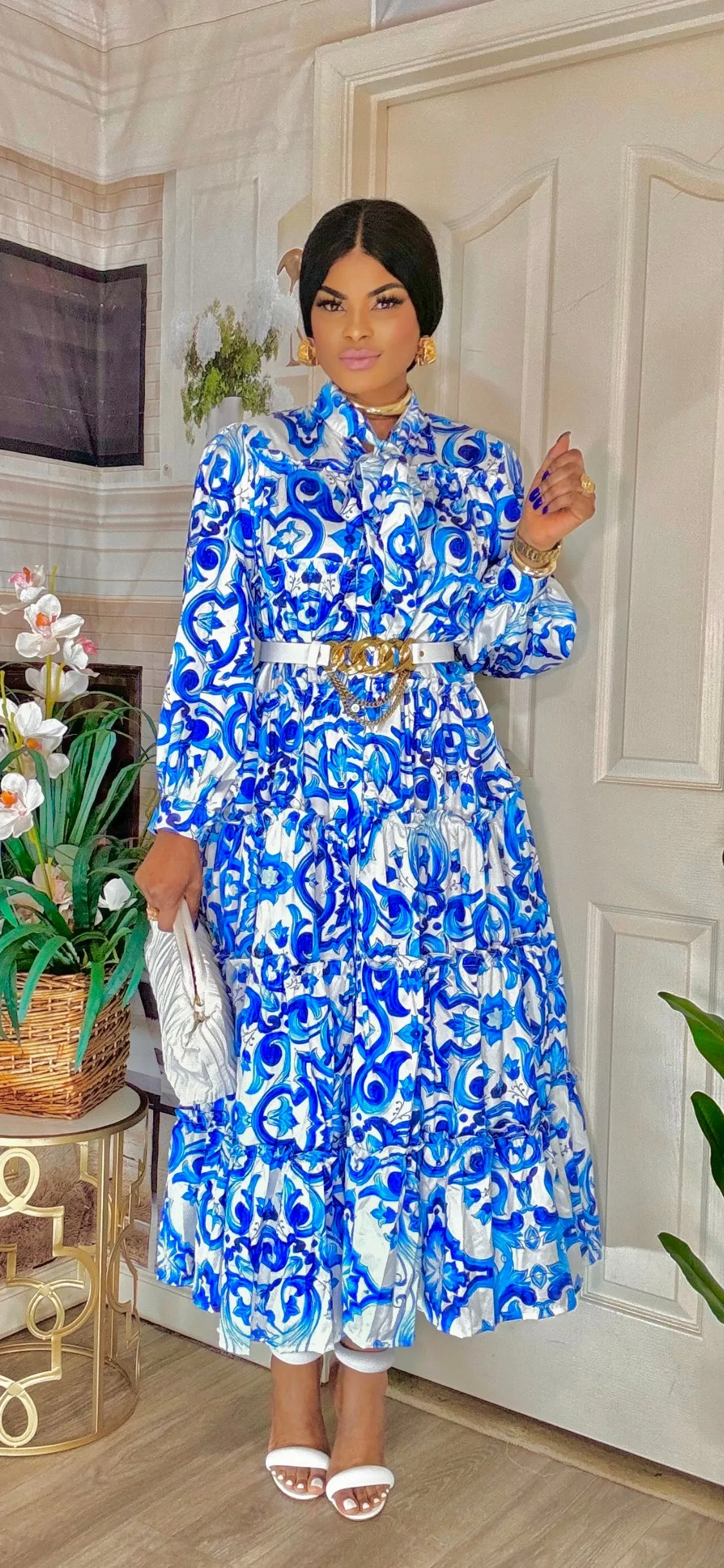 PASTLE PRINTS LONGSLEEVE MAXI DRESS(BLUE-WHITE)