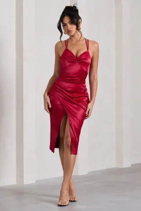 Penelope | Red Satin Twist Front Strappy Midi Dress