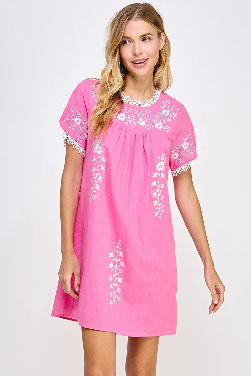 Pink and White Embroidered Dress