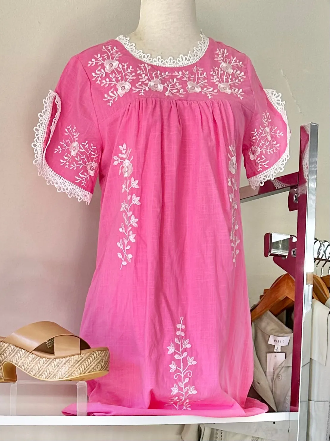 Pink and White Embroidered Dress