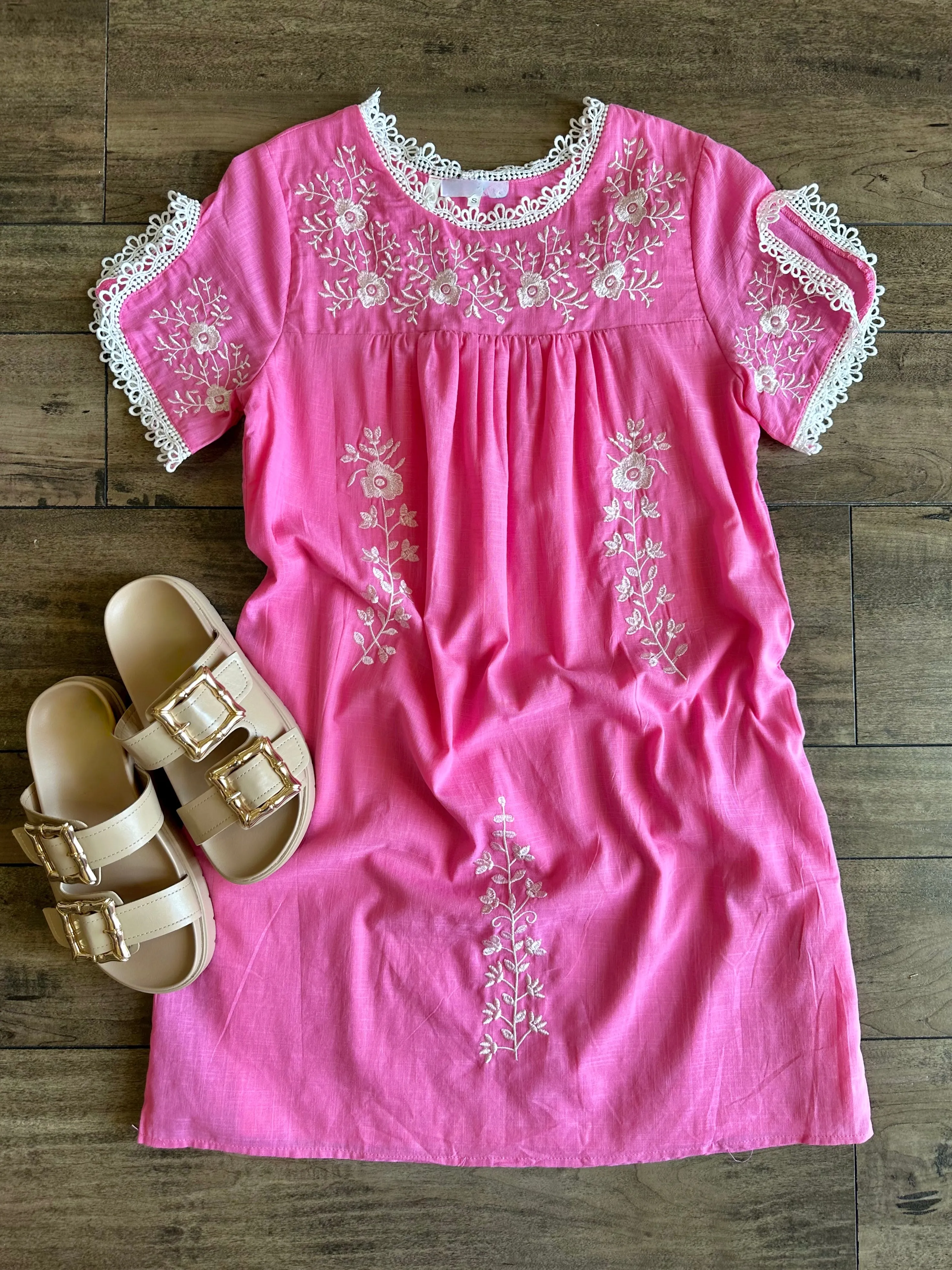 Pink and White Embroidered Dress