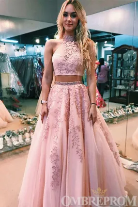 Pink Two Piece Halter Lace Prom Dresses with Beading