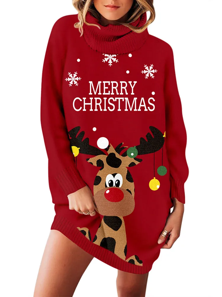 Pinkqueen Ugly Christmas Sweater Turtleneck Dresses For Women