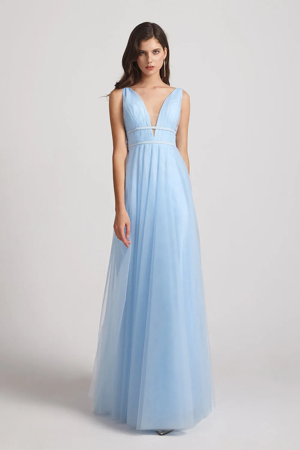 Plunging V-Neck Straps Tulle Long Blue Bridesmaid Dresses (AF0044)