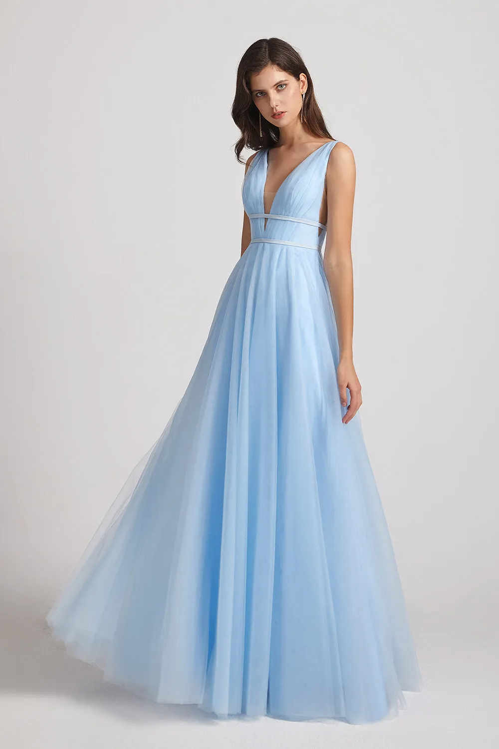 Plunging V-Neck Straps Tulle Long Blue Bridesmaid Dresses (AF0044)