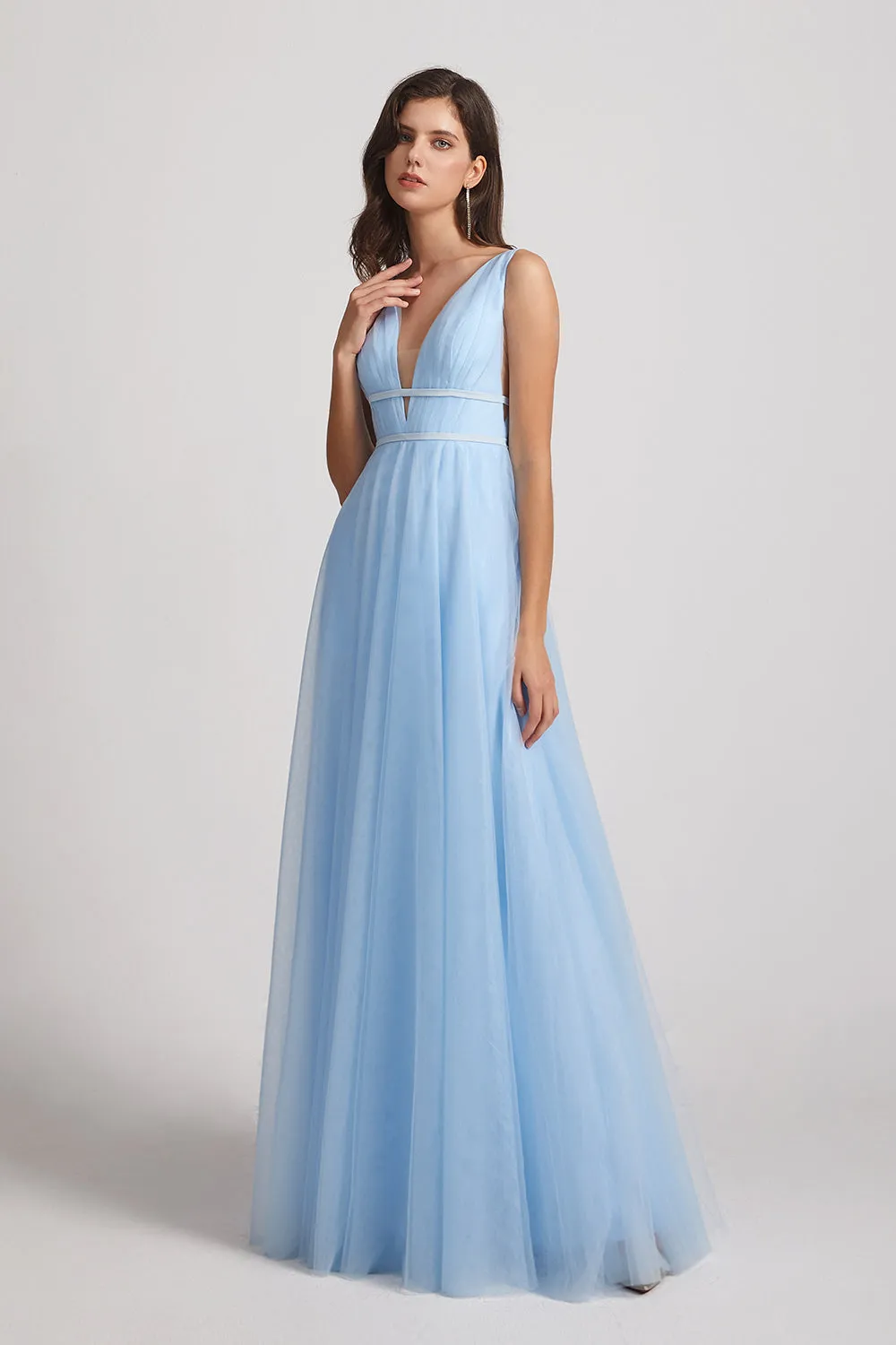 Plunging V-Neck Straps Tulle Long Blue Bridesmaid Dresses (AF0044)