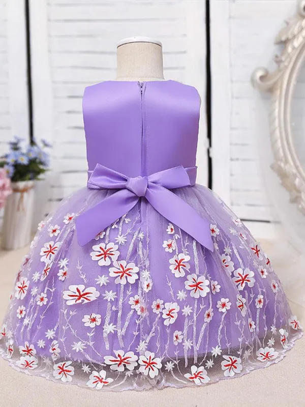 Purple Tulle Sleeveless Flower Girl Dresses Knee-Length A-Line Embroidered Kids Party Dresses