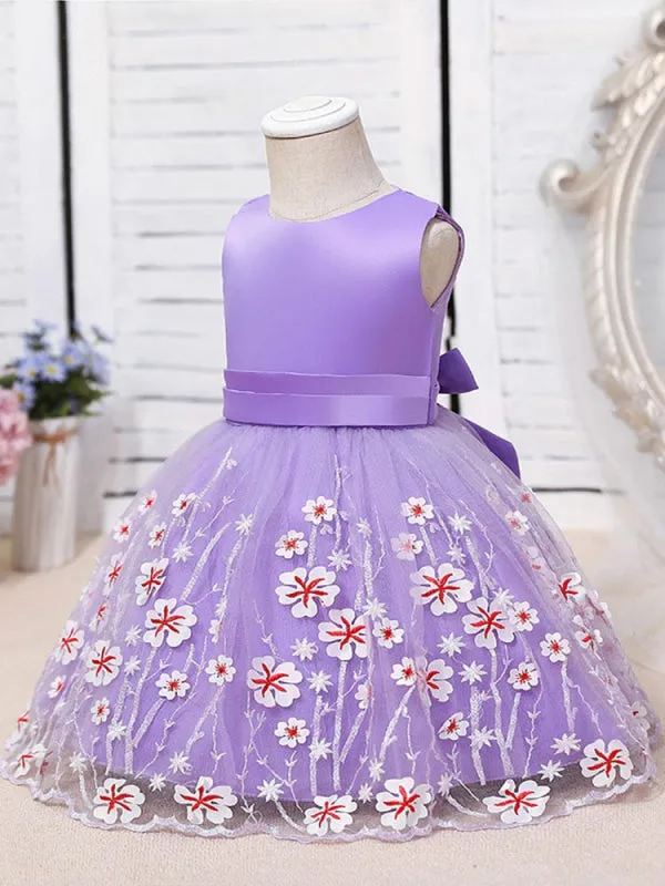 Purple Tulle Sleeveless Flower Girl Dresses Knee-Length A-Line Embroidered Kids Party Dresses