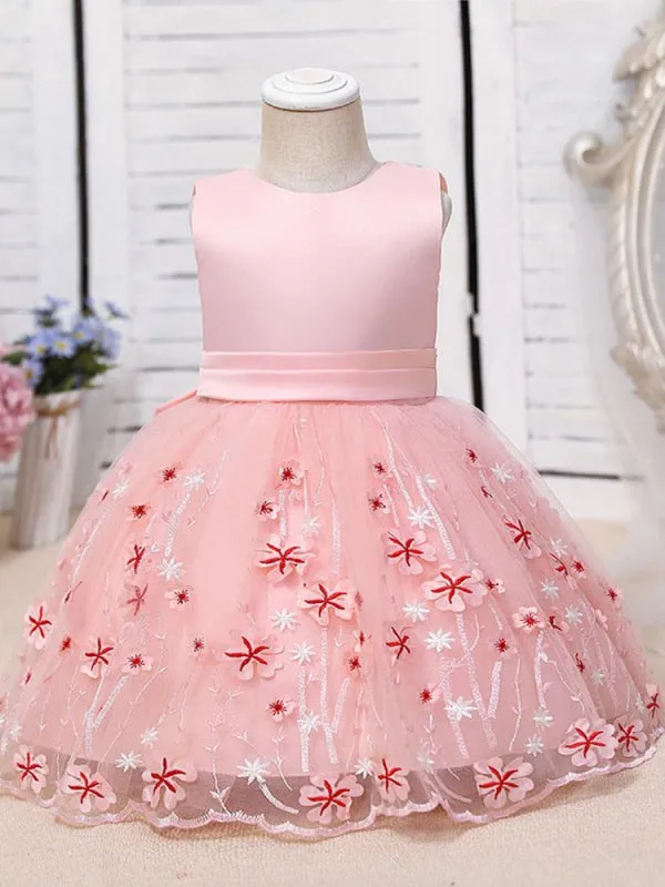 Purple Tulle Sleeveless Flower Girl Dresses Knee-Length A-Line Embroidered Kids Party Dresses