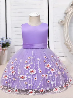 Purple Tulle Sleeveless Flower Girl Dresses Knee-Length A-Line Embroidered Kids Party Dresses