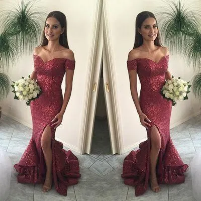 Red Mermaid Long Sequin Sexy Sweetheart Off-the-Shoulder Backless Custom Prom Dresses