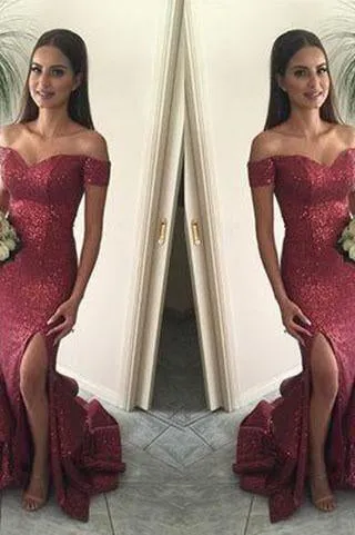 Red Mermaid Long Sequin Sexy Sweetheart Off-the-Shoulder Backless Custom Prom Dresses