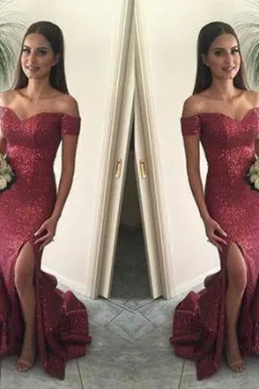 Red Mermaid Long Sequin Sexy Sweetheart Off-the-Shoulder Backless Custom Prom Dresses