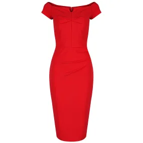 Red Notch Neck Cap Sleeve Bodycon Pencil Dress