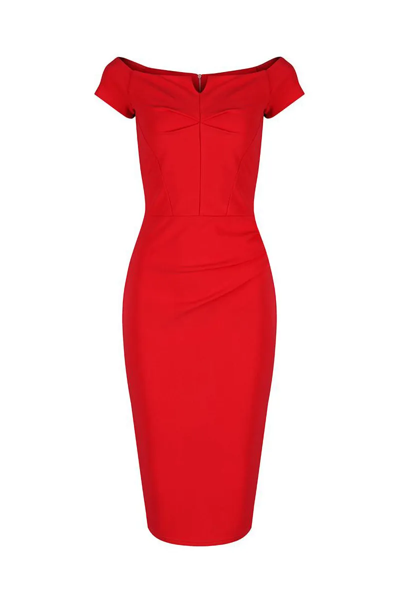 Red Notch Neck Cap Sleeve Bodycon Pencil Dress