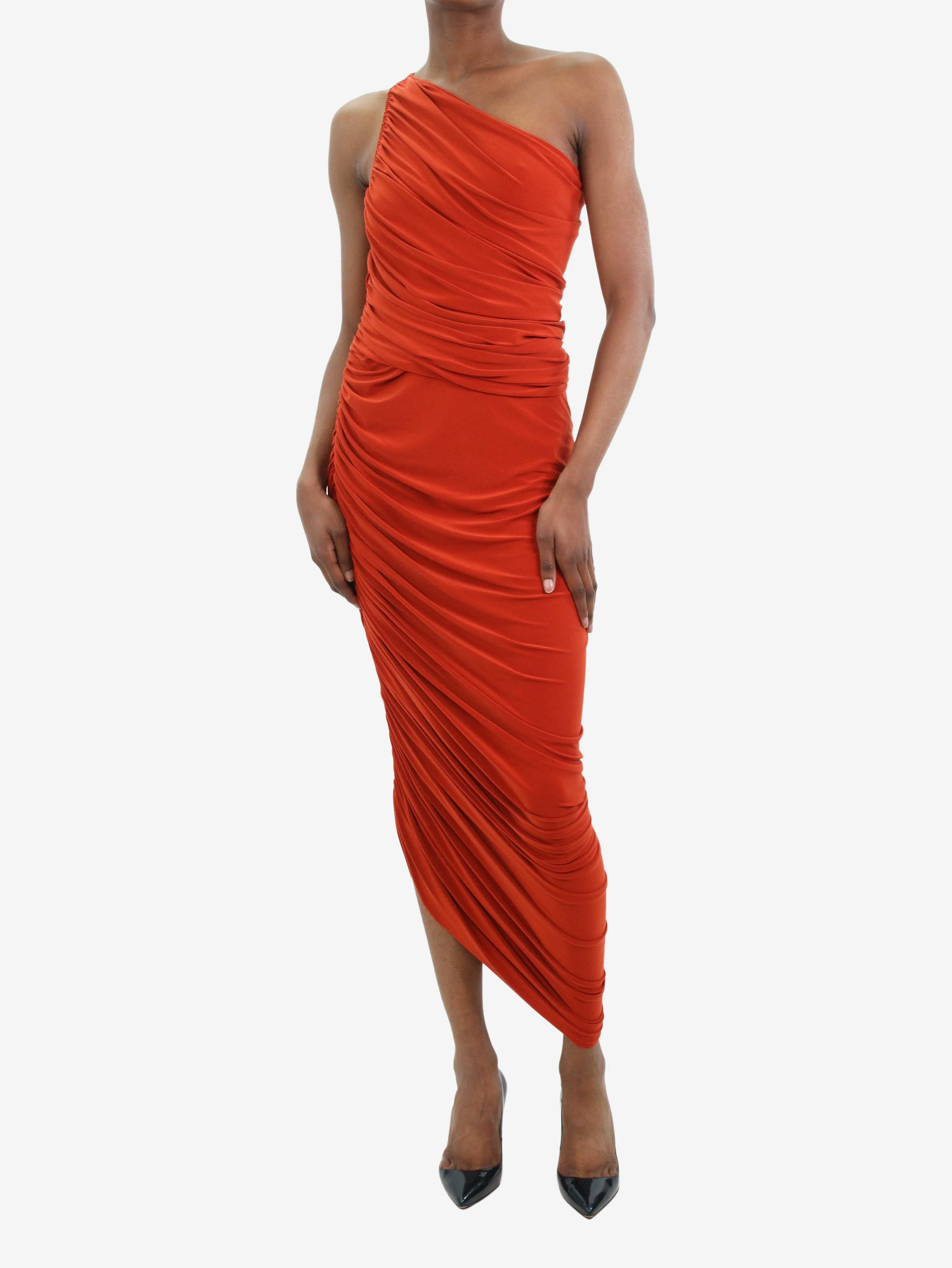 Red one-shoulder ruched dress - size XS