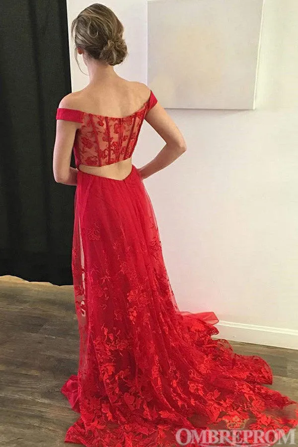 Red Two Piece Off Shoulder Lace Prom Dresses with Appliques