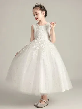 Romantic White Soft Tulle Lace White Flower Girl Dresses Jewel Neck Sleeveless Ankle Length Ball Gown Kids Party Dresses