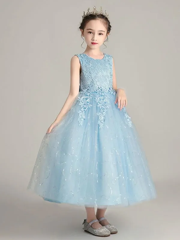 Romantic White Soft Tulle Lace White Flower Girl Dresses Jewel Neck Sleeveless Ankle Length Ball Gown Kids Party Dresses