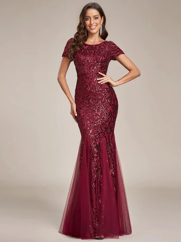 Round Neck Mermaid Sequin & Mesh Evening Dresses