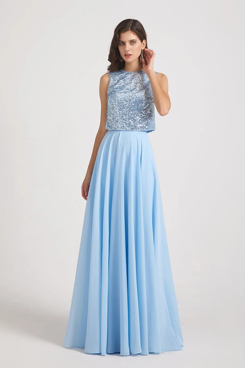 Sequin Top Chiffon Jewel Sleeveless Bridesmaid Dresses (AF0151)