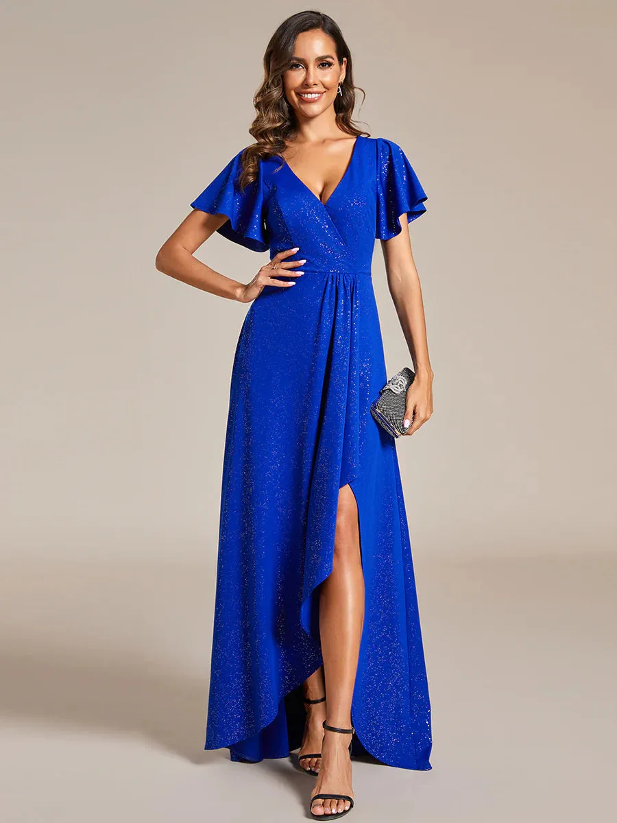 Shiny Tea Length Split Evening Dresses With Ruffle Sleeves