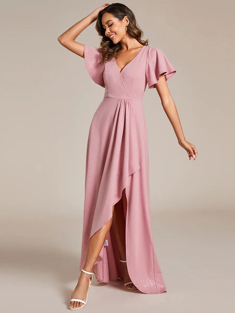 Shiny Tea Length Split Evening Dresses With Ruffle Sleeves