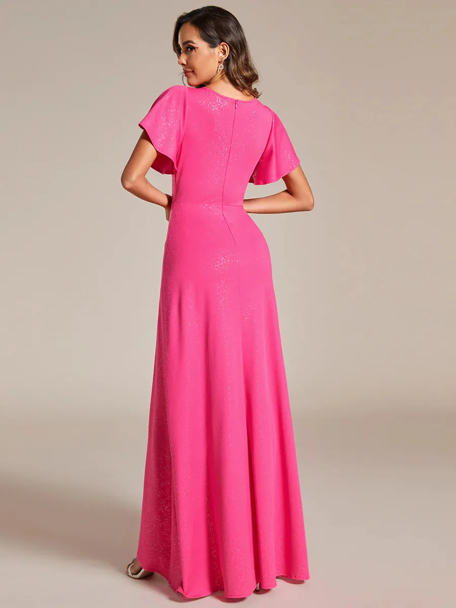 Shiny Tea Length Split Evening Dresses With Ruffle Sleeves