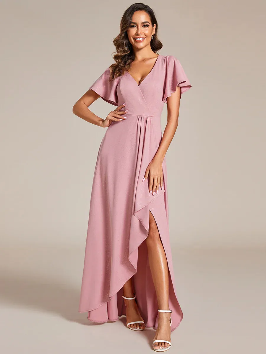 Shiny Tea Length Split Evening Dresses With Ruffle Sleeves