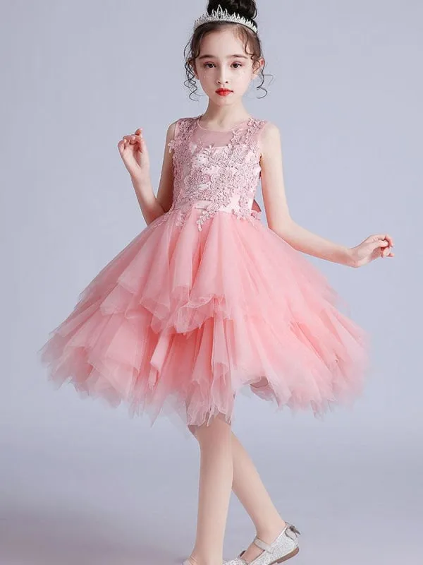 Short Sleeves Knee-Length Princess Flower Girl Dresses Jewel Neck Tulle Silhouette Embroidered Kids Party Dresses