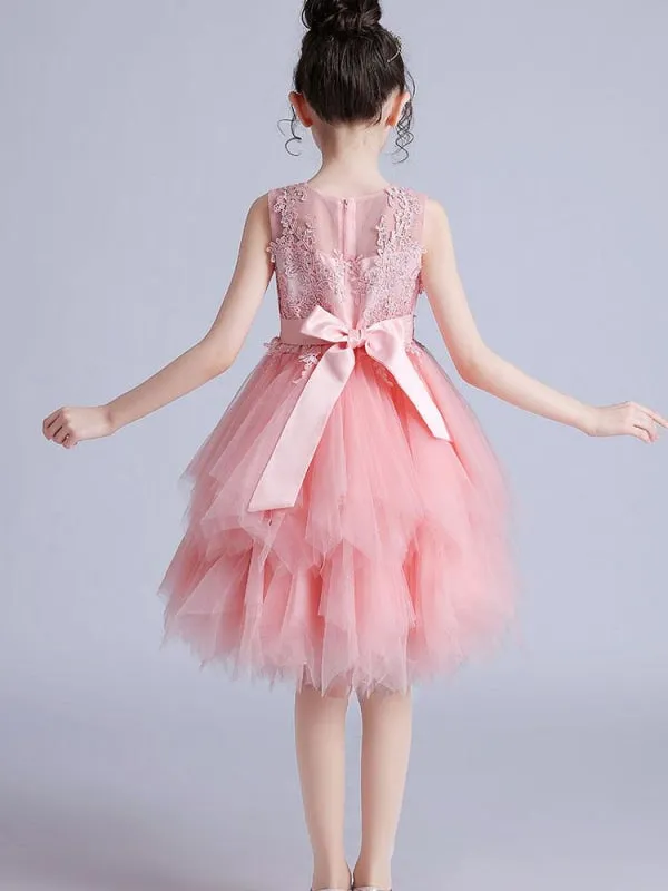 Short Sleeves Knee-Length Princess Flower Girl Dresses Jewel Neck Tulle Silhouette Embroidered Kids Party Dresses