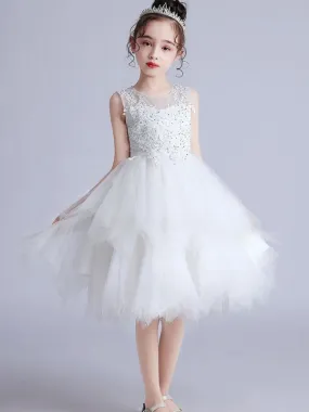 Short Sleeves Knee-Length Princess Flower Girl Dresses Jewel Neck Tulle Silhouette Embroidered Kids Party Dresses