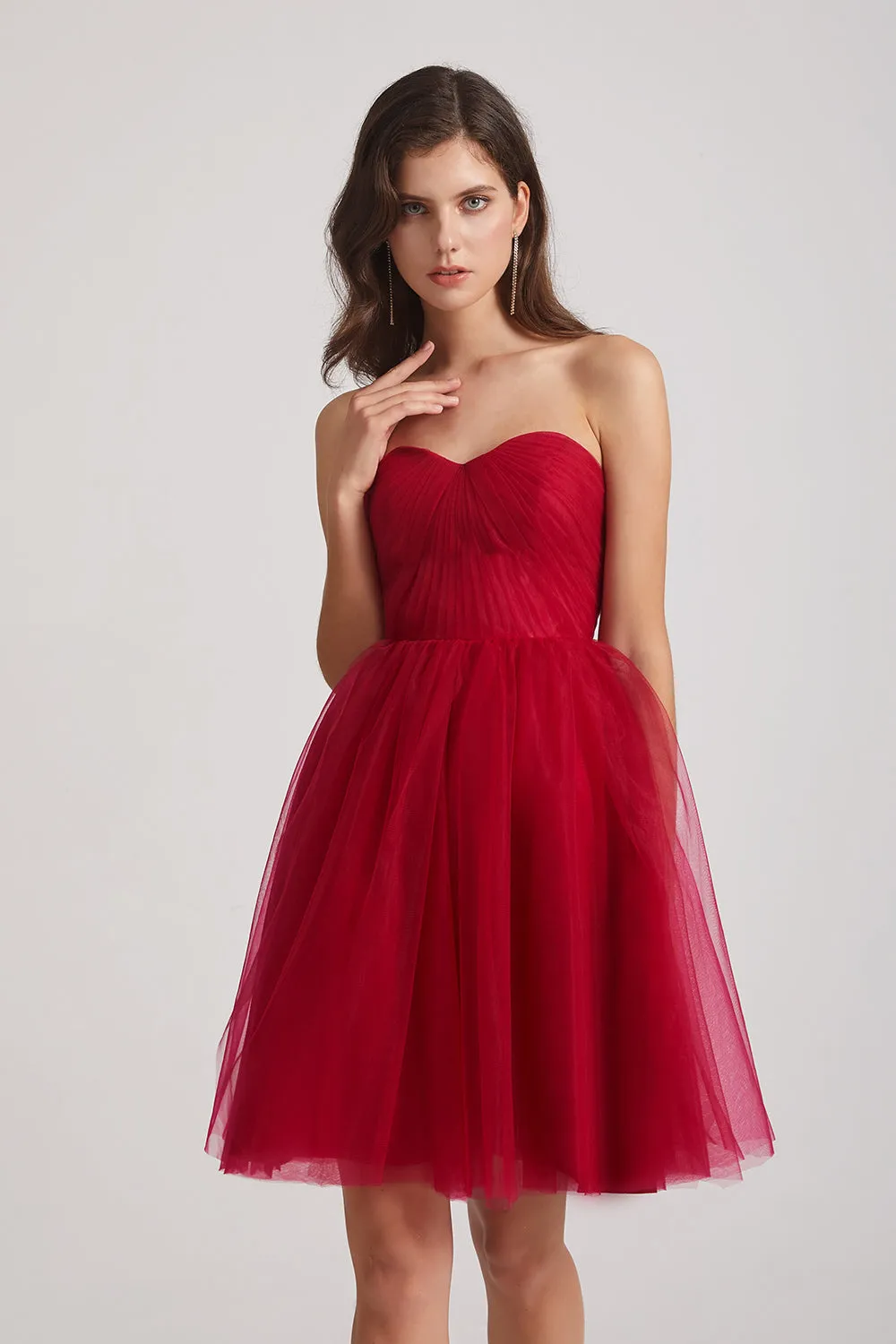 Short Tulle Pleated Strapless Sweetheart Bridesmaid Dresses (AF0041)