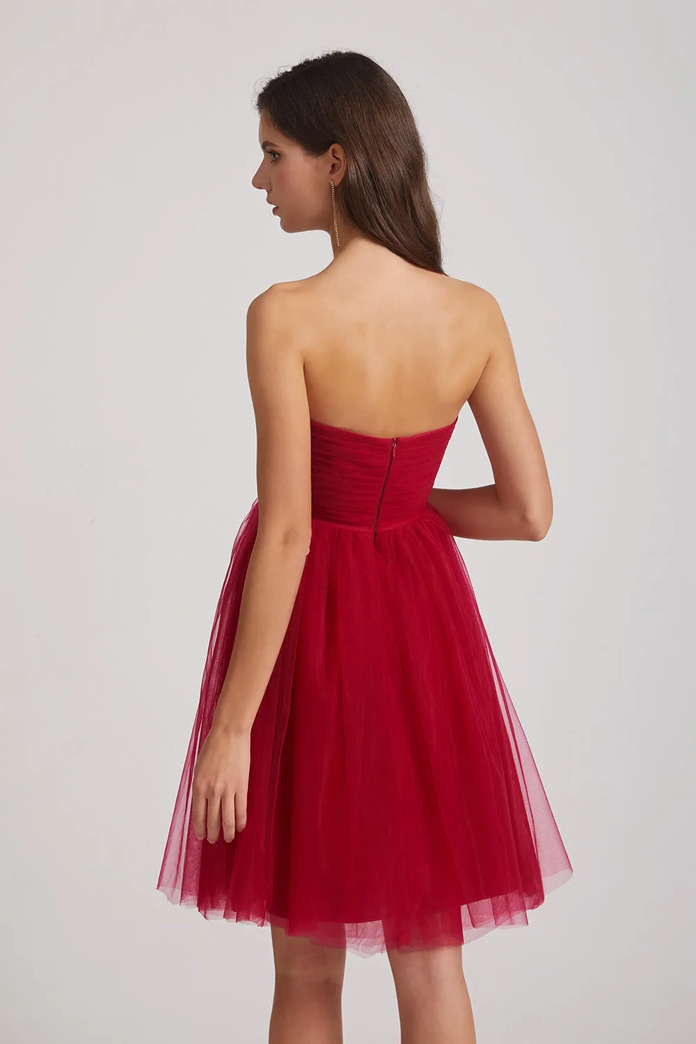 Short Tulle Pleated Strapless Sweetheart Bridesmaid Dresses (AF0041)