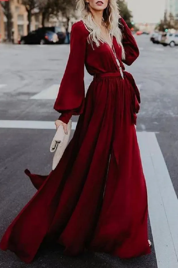 Simple A-line Burgundy Long Sleeve Long Prom Dresses